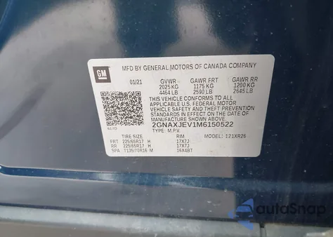 2021 Chevrolet Equinox Fwd 2Fl from USA, damaged, VIN 2GNAXJEV1M6150522